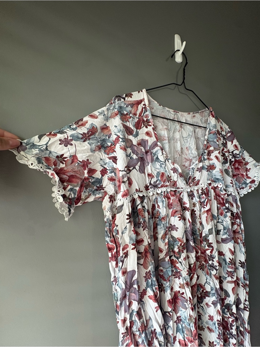 Boho Floral Babydoll Dress Cottagecore Lace Trim Flowy Midi/Lounge Dress - Picture 3 of 6